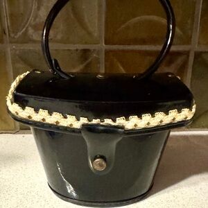 Small Vintage Black patent & Leather Handbag with Cream Trim